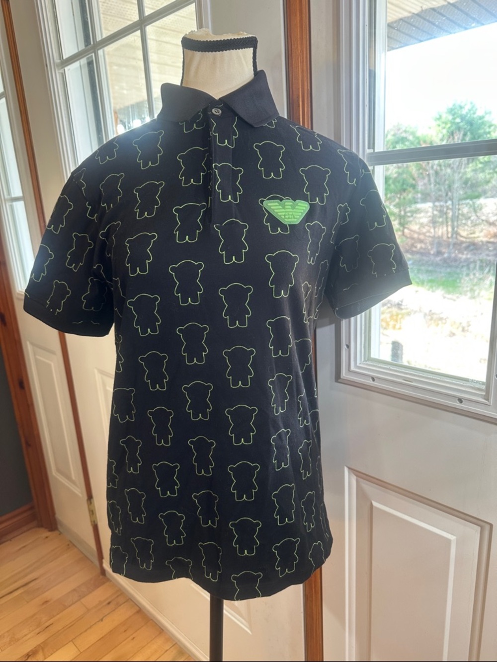 Emporio Armani Black Polo with Neon Green Outline Print